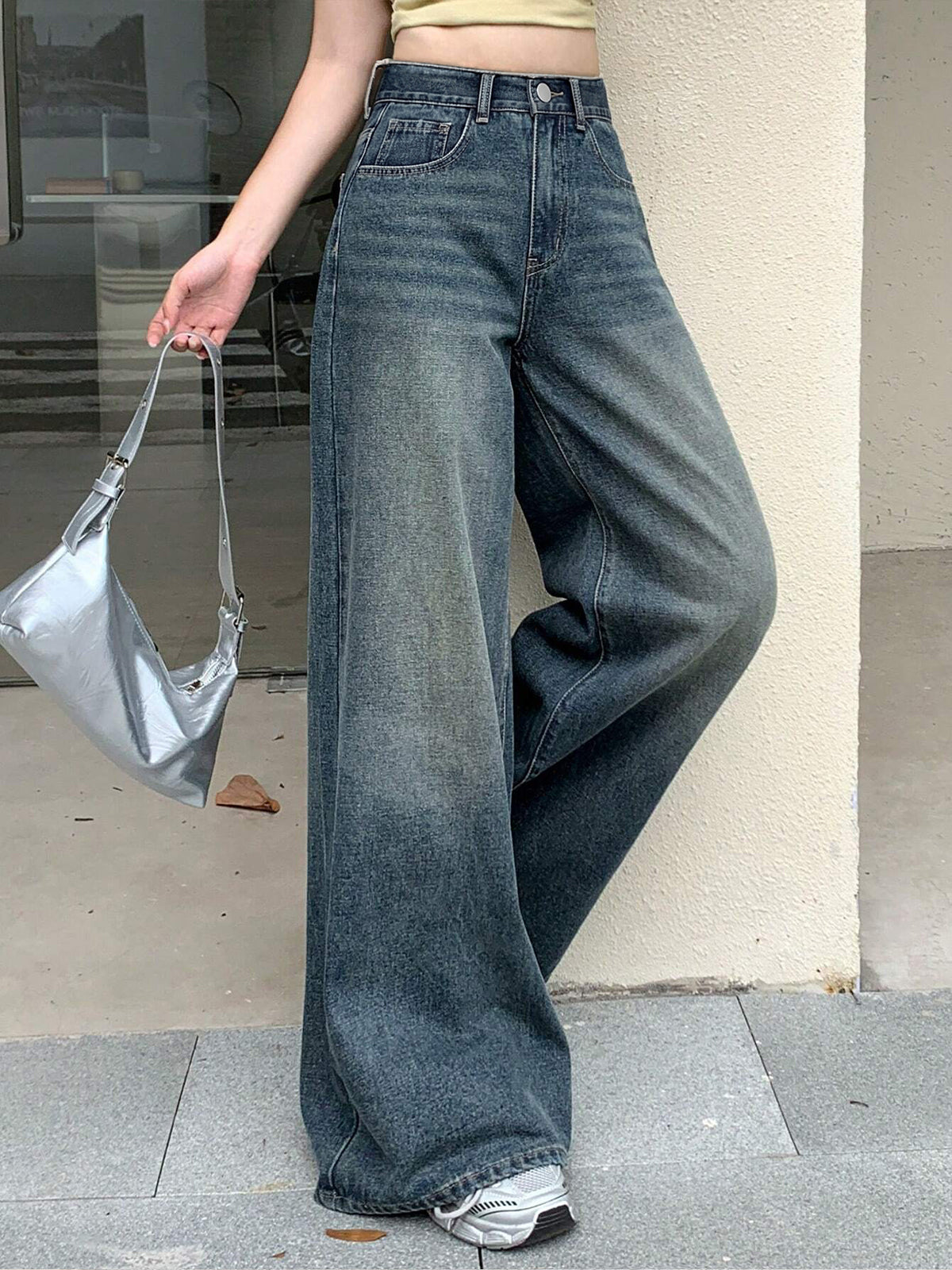 Vintage Dusty Aqua Blue Washed Wide Leg Jeans