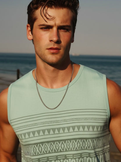 Men Graphic Print Cotton Sleeveless Round Neck Mint Color T-Shirt