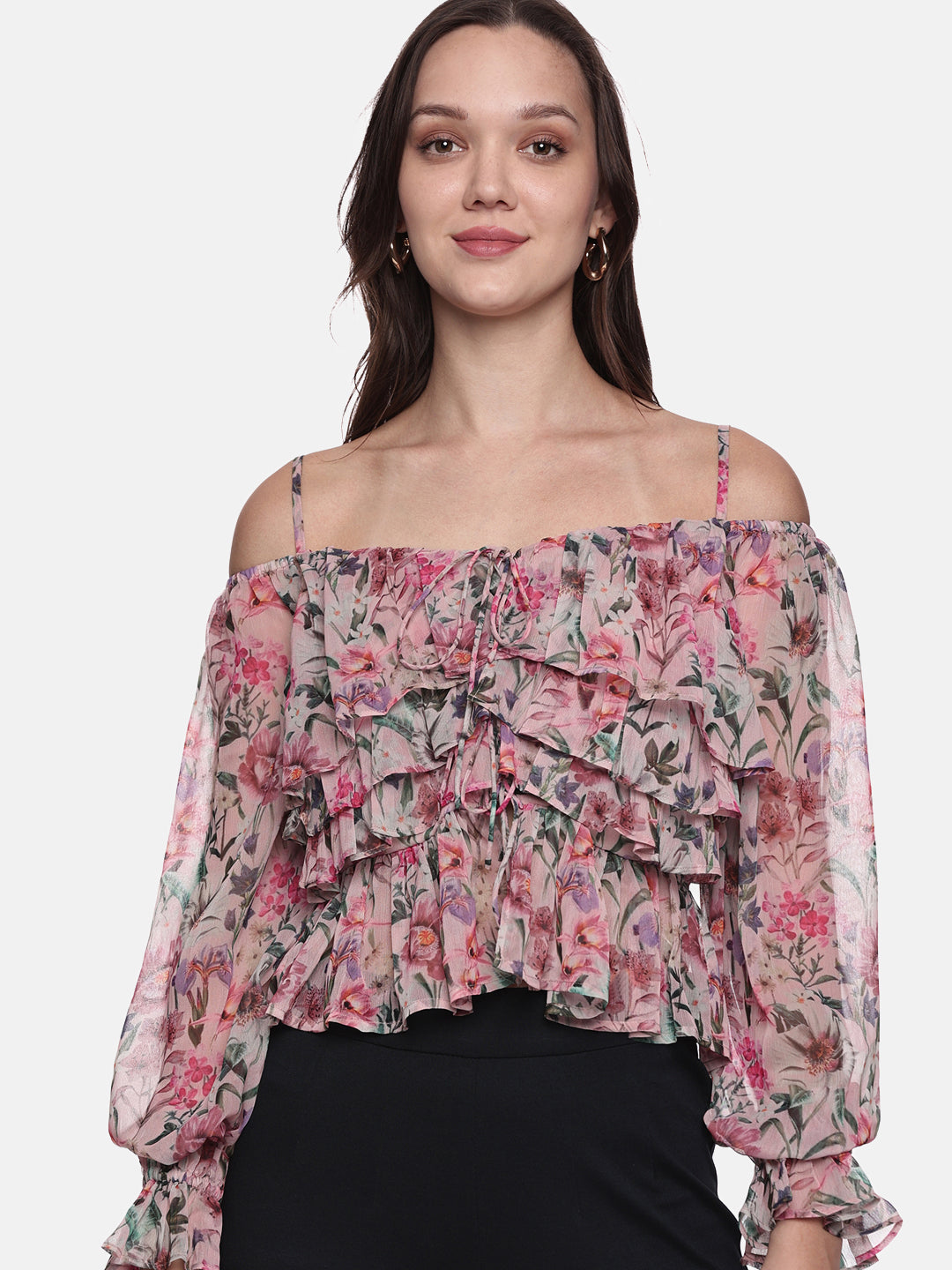 IS.U Floral Multicolor Gathered Cold Shoulder Top