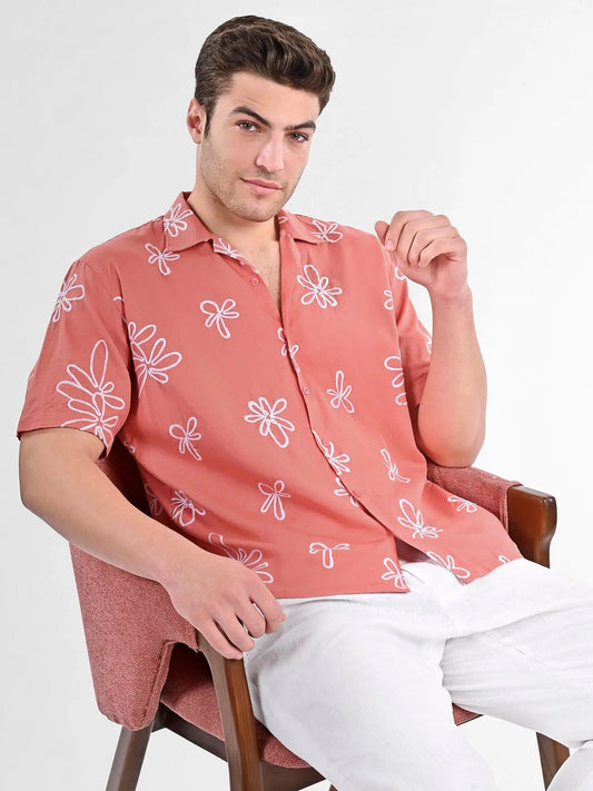 Men's Box-Fit Floral Embroidered Linen Coral Shirt Vellure