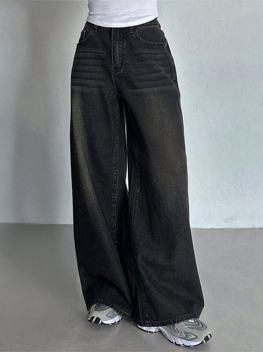 Rustic Black Tinted Super Wide Leg Jeans