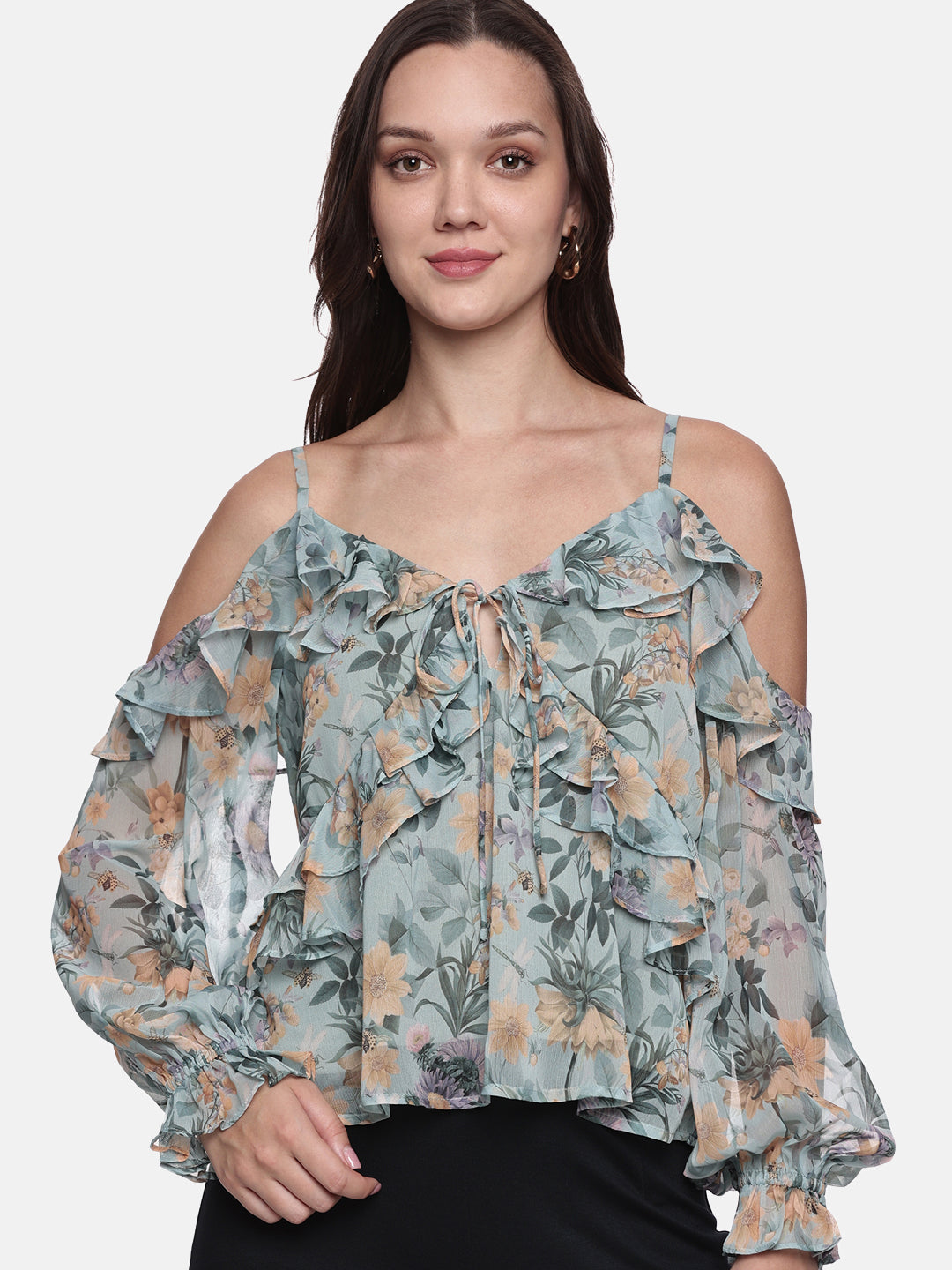 IS.U Floral Green Cold Shoulder Top