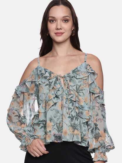 IS.U Floral Green Cold Shoulder Top