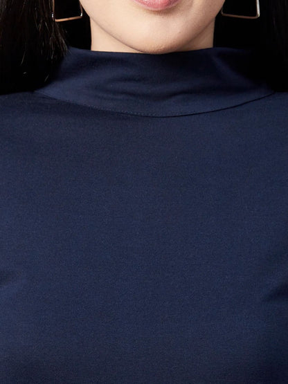 Women Navy Blue High-Low Hem Cotton Mock Neck Long Sleeves A-Line Midi Dress