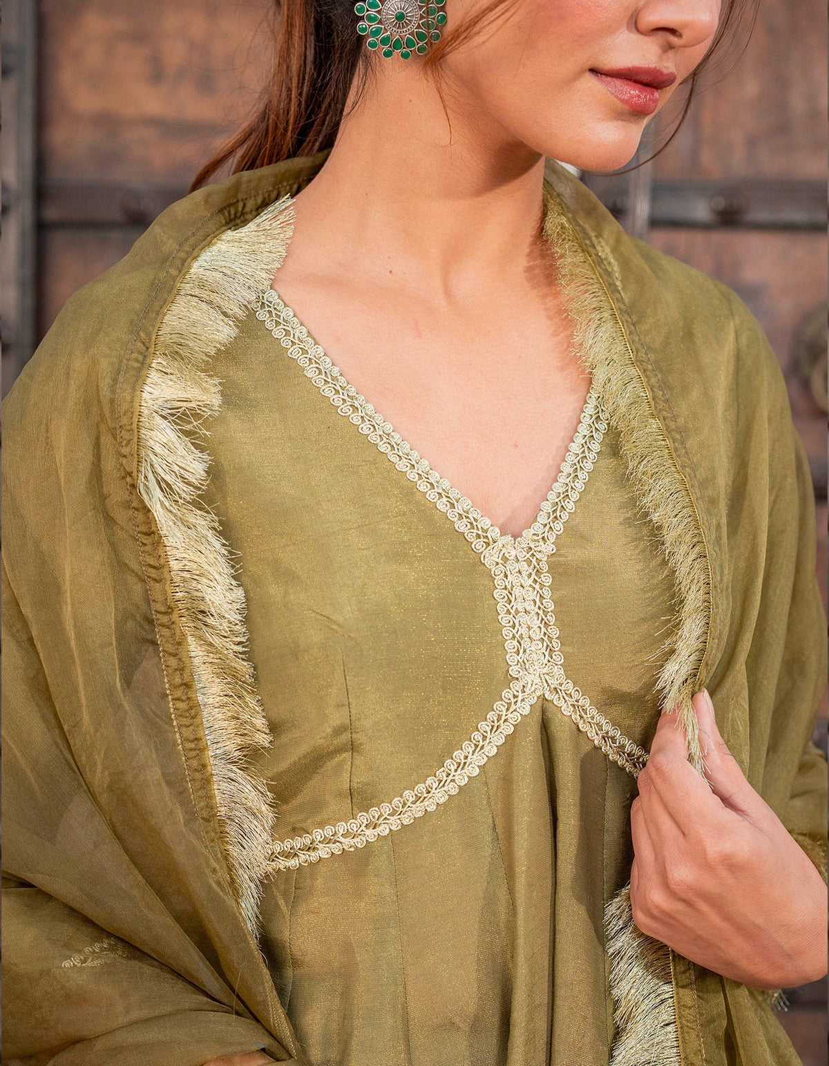 Olive Kalidaar Tissue Suit Set