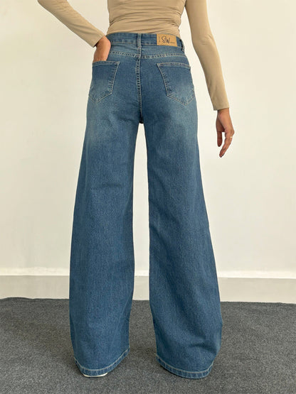 Luxe Vintage Aqua Blue Cat Whisker Stretchable Wide Leg Jeans