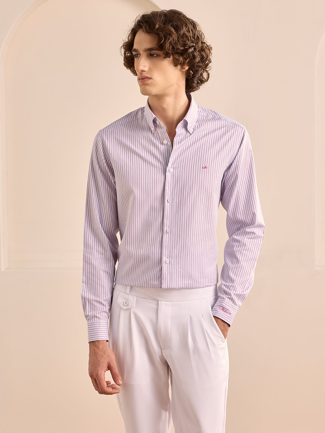 Pink Regular Fit Striped Formal Cotton Shirt for Men (LAYLA)