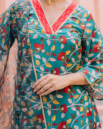 Green Floral Muslin Suit Set