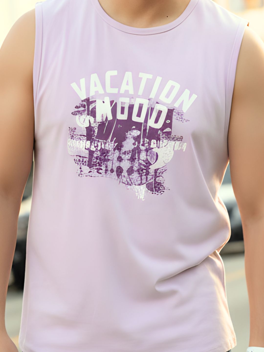 Men Light Purple Sleeveless Round Neck Typography Printed Cotton T-Shirt