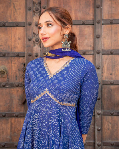 Blue Bandhej & Sequin Sharara Set