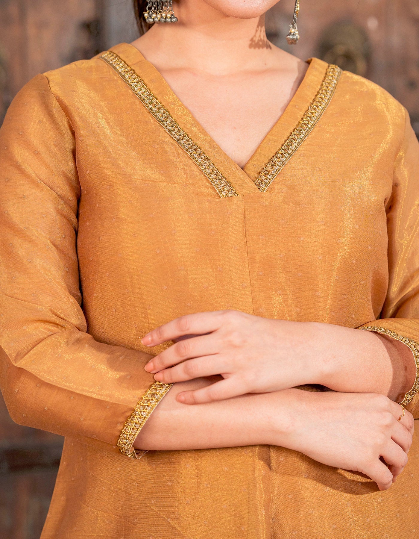 Mustard Tissue Solid Kurta Set