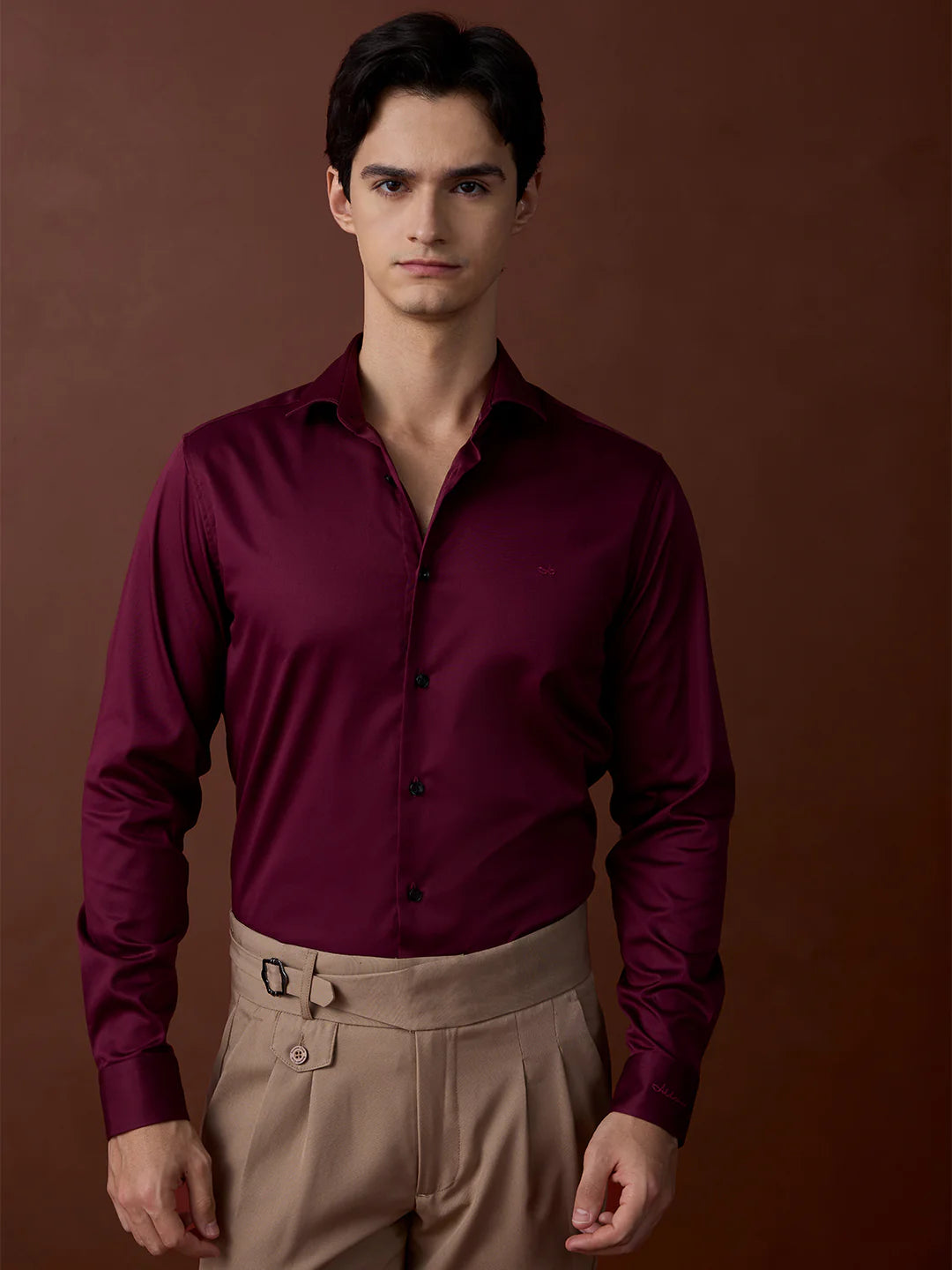 Maroon Slim Fit Solid Formal Satin Shirt