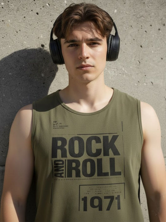 Men Sleeveless Typography Printed Cotton Round Neck Army Green T-Shirt