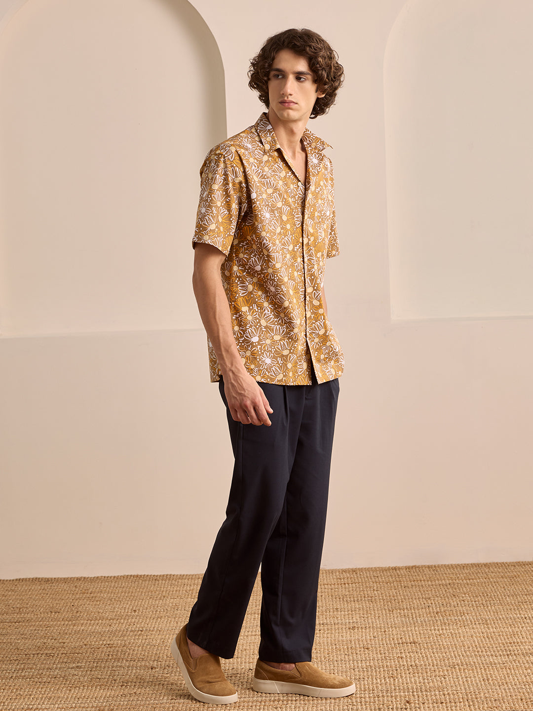 Beige Regular Fit Printed Casual Cotton Shirt for Men (LUNAX)