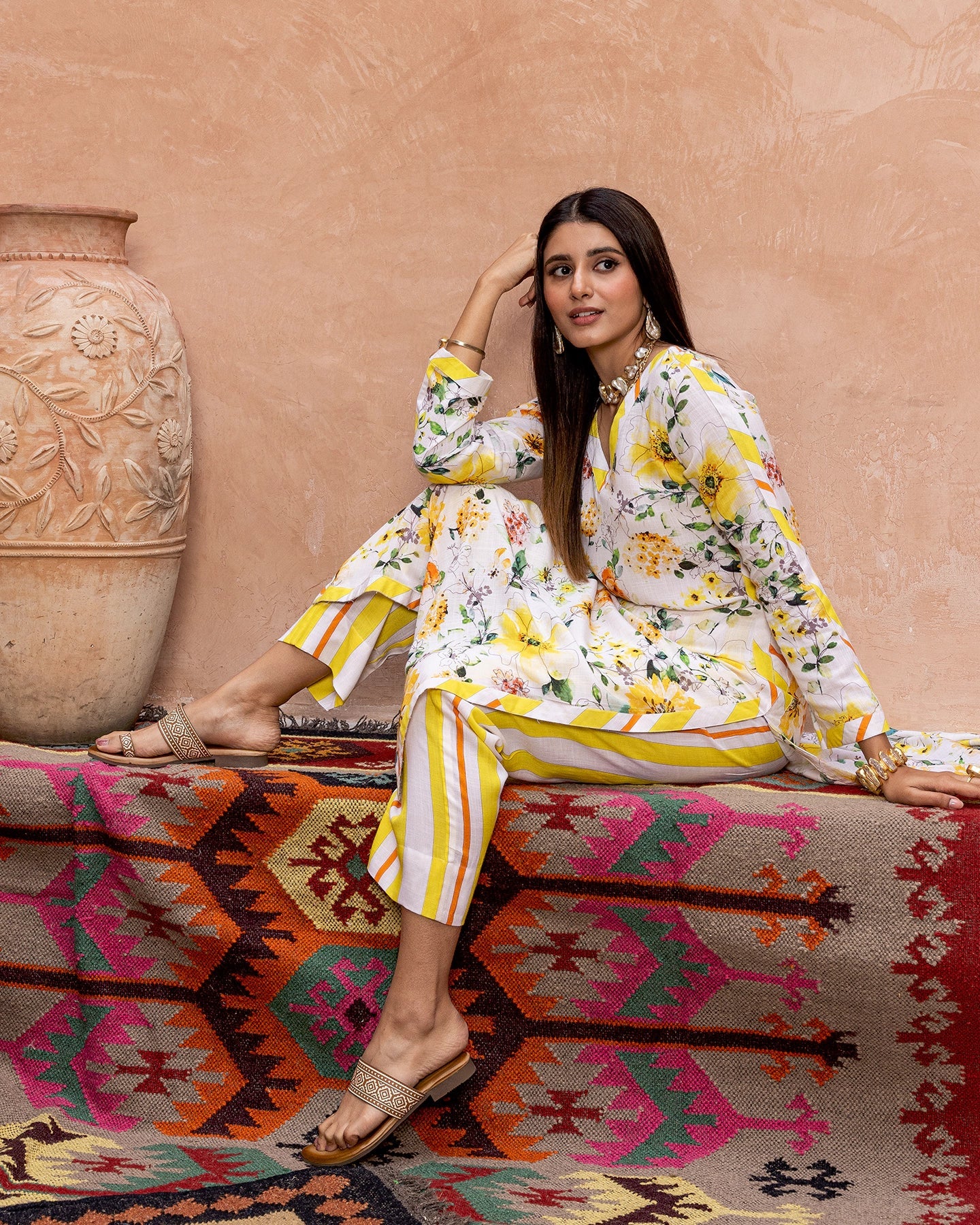 White Blossom & Stripe Kurta Set