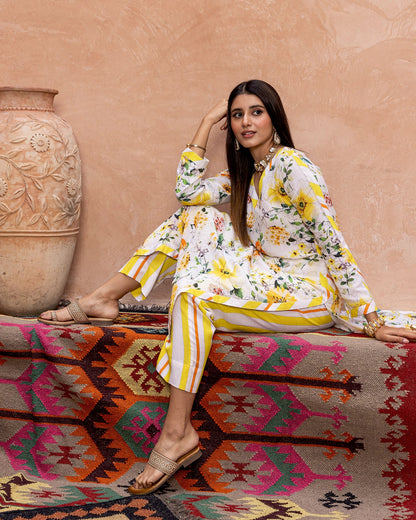 White Blossom & Stripe Kurta Set