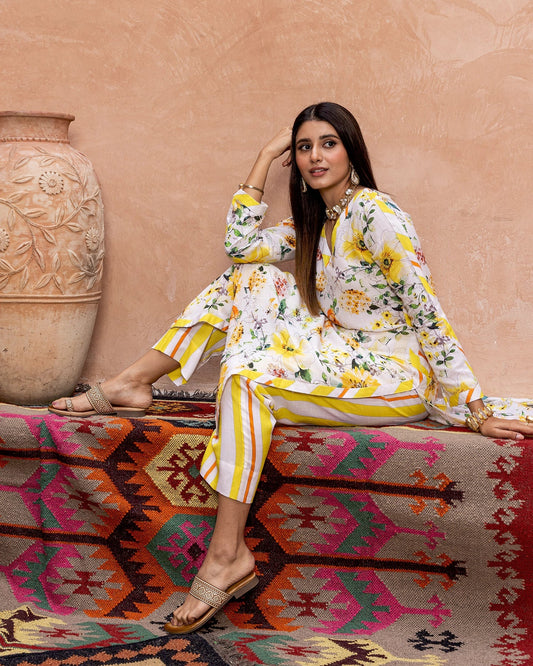 White Blossom & Stripe Kurta Set