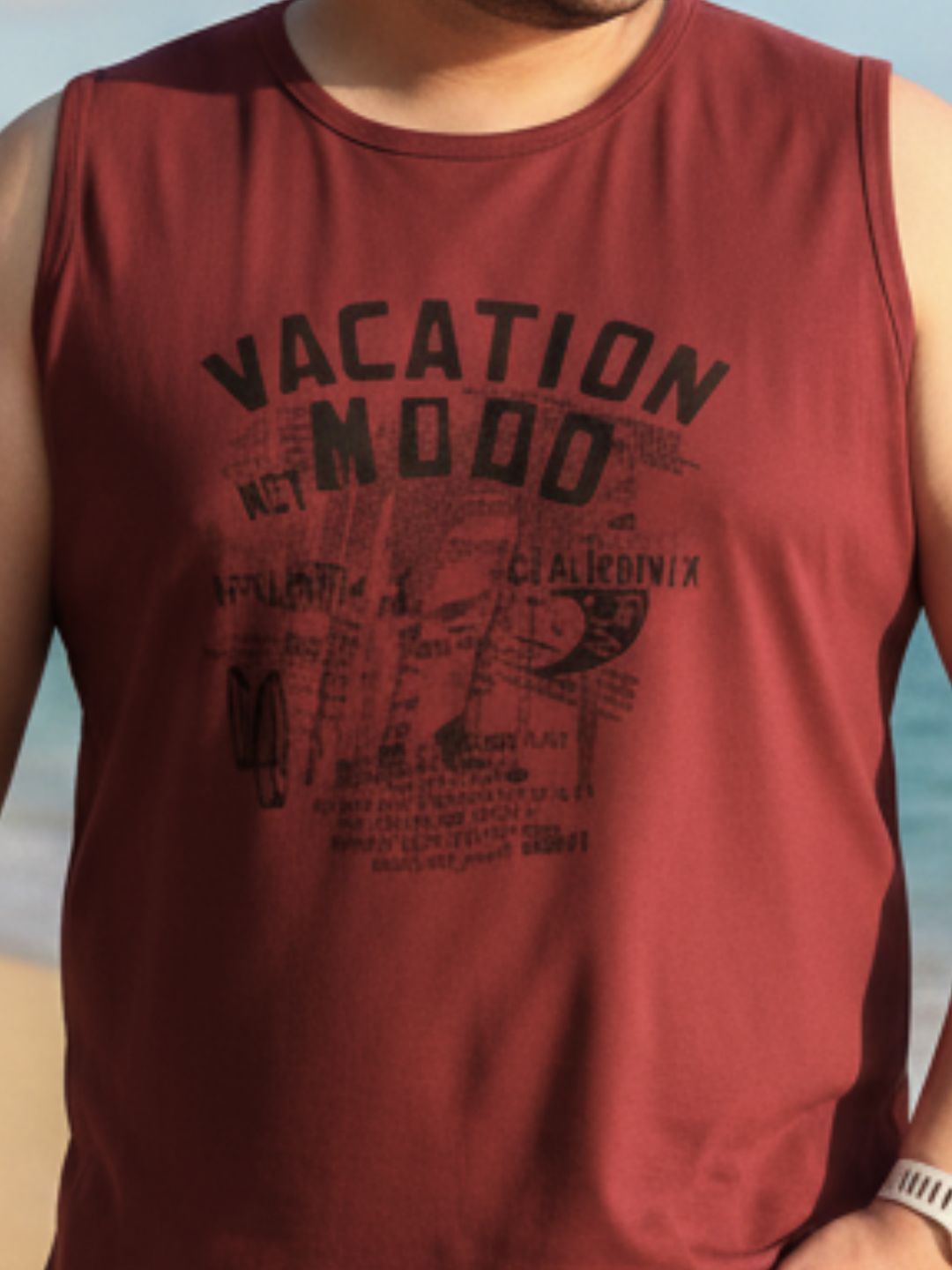 Men Round Neck Maroon Typography Print Sleeveless Cotton T-Shirt