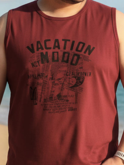 Men Round Neck Maroon Typography Print Sleeveless Cotton T-Shirt