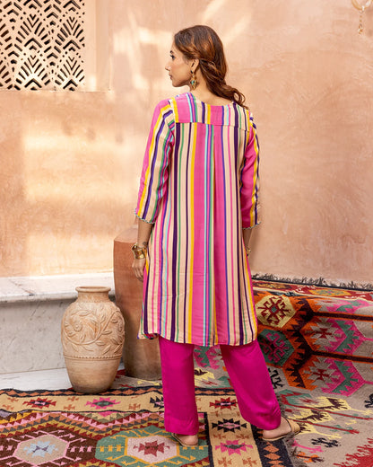 Pink Blossom & Stripes Kurta Set