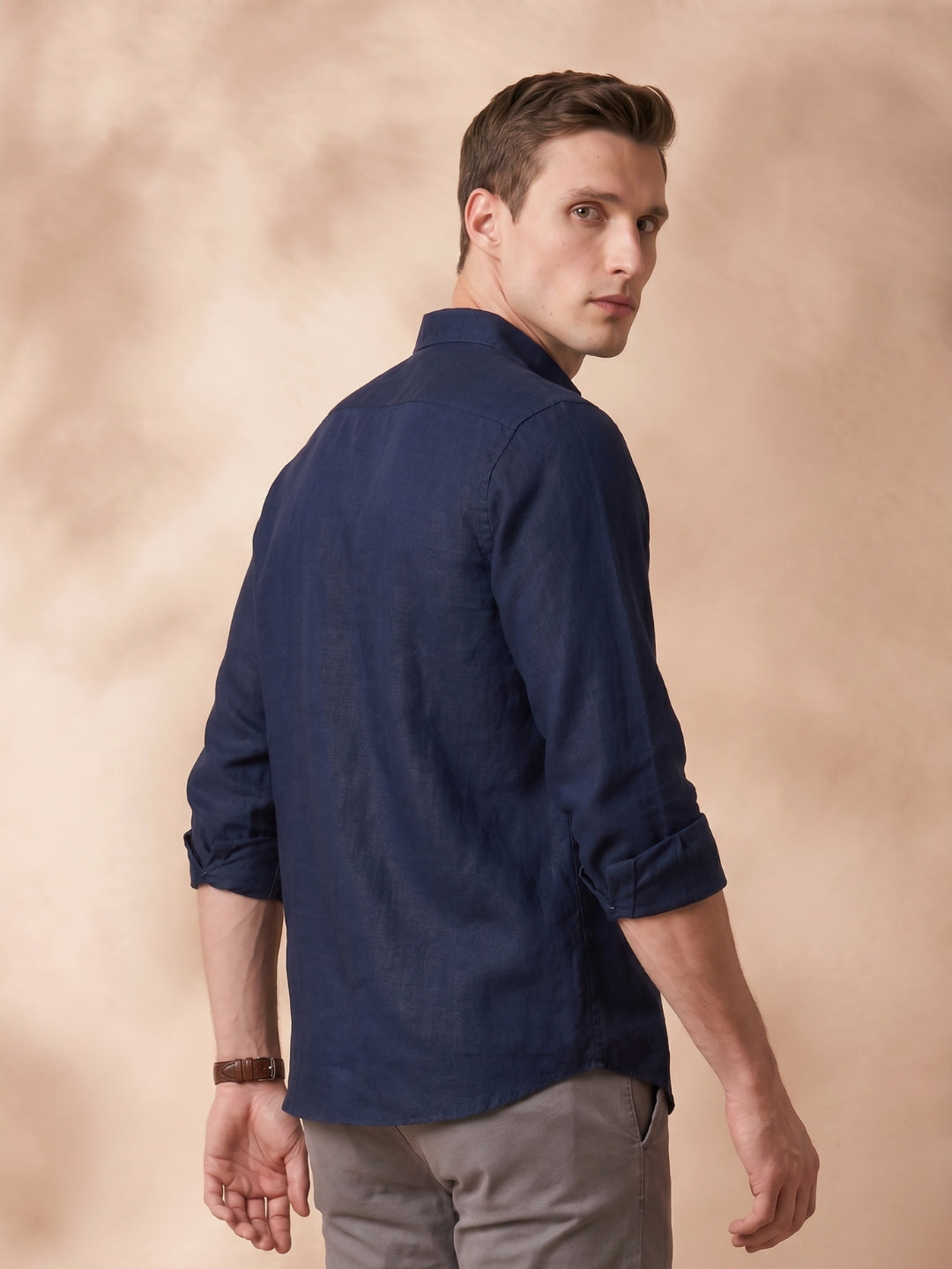 Regular Fit Navy Blue Linen Solid Casual Shirt for Men (LIBRA)