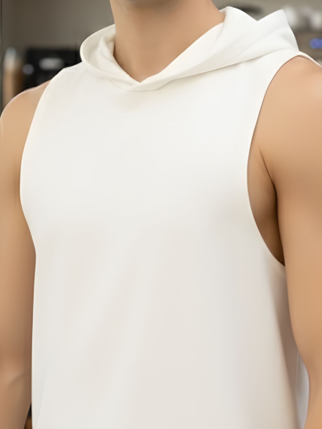 Men Solid Printed Hooded Sleeveless Regular Fit Cotton White Kangaroo Pocket T-shirt