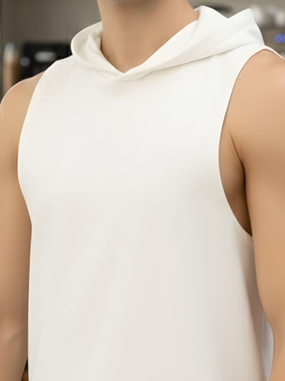 Men Solid Printed Hooded Sleeveless Regular Fit Cotton White Kangaroo Pocket T-shirt