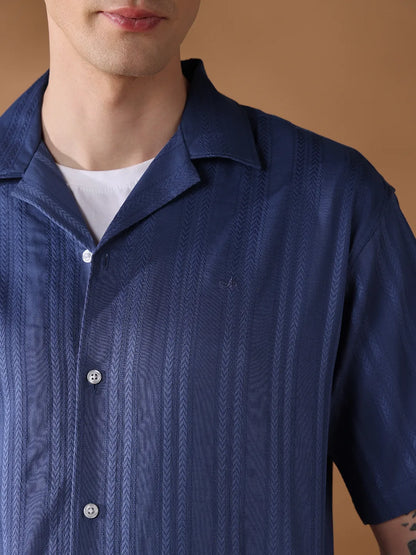 Navy Blue Regular Fit Stripes Casual Shirt for Men (NAZAR)
