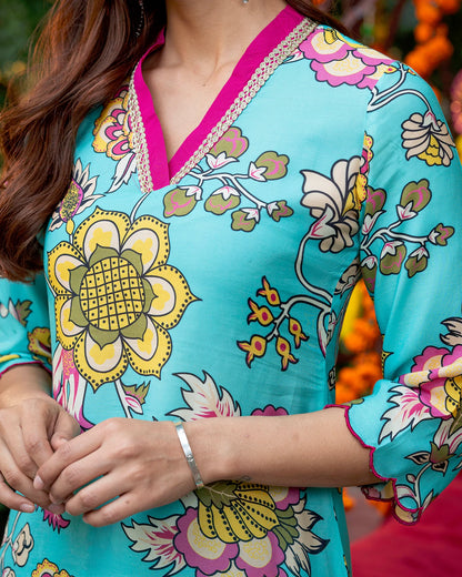 Blue Floral-Stroked Kurta Set