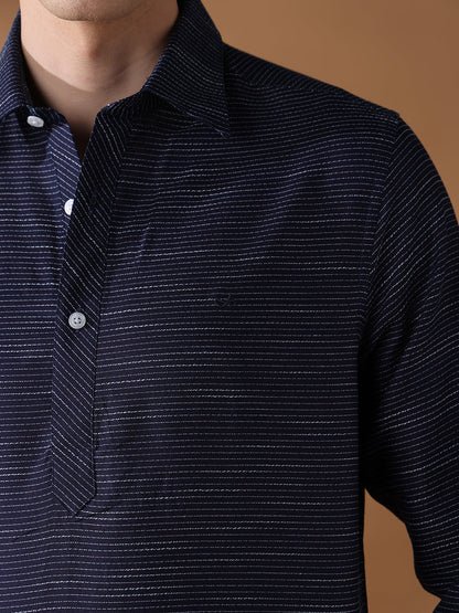 Navy Blue Regular Fit Stripes Casual Shirt for Men (LESSA)