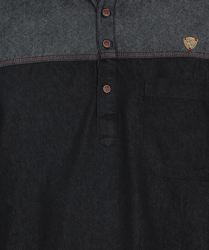 Kuons Avenue Men's Black Denim Colorblock Tailored Fit Short Kurta