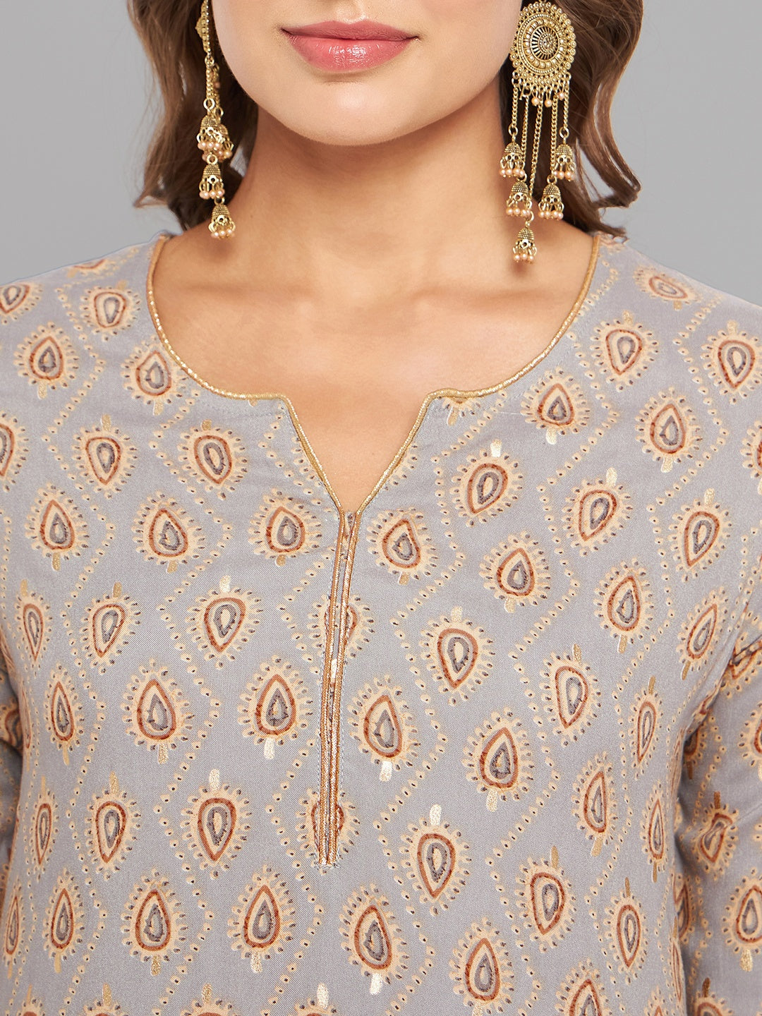 Women Grey Ethnic Motifs Printed Kurta With Piping Krya