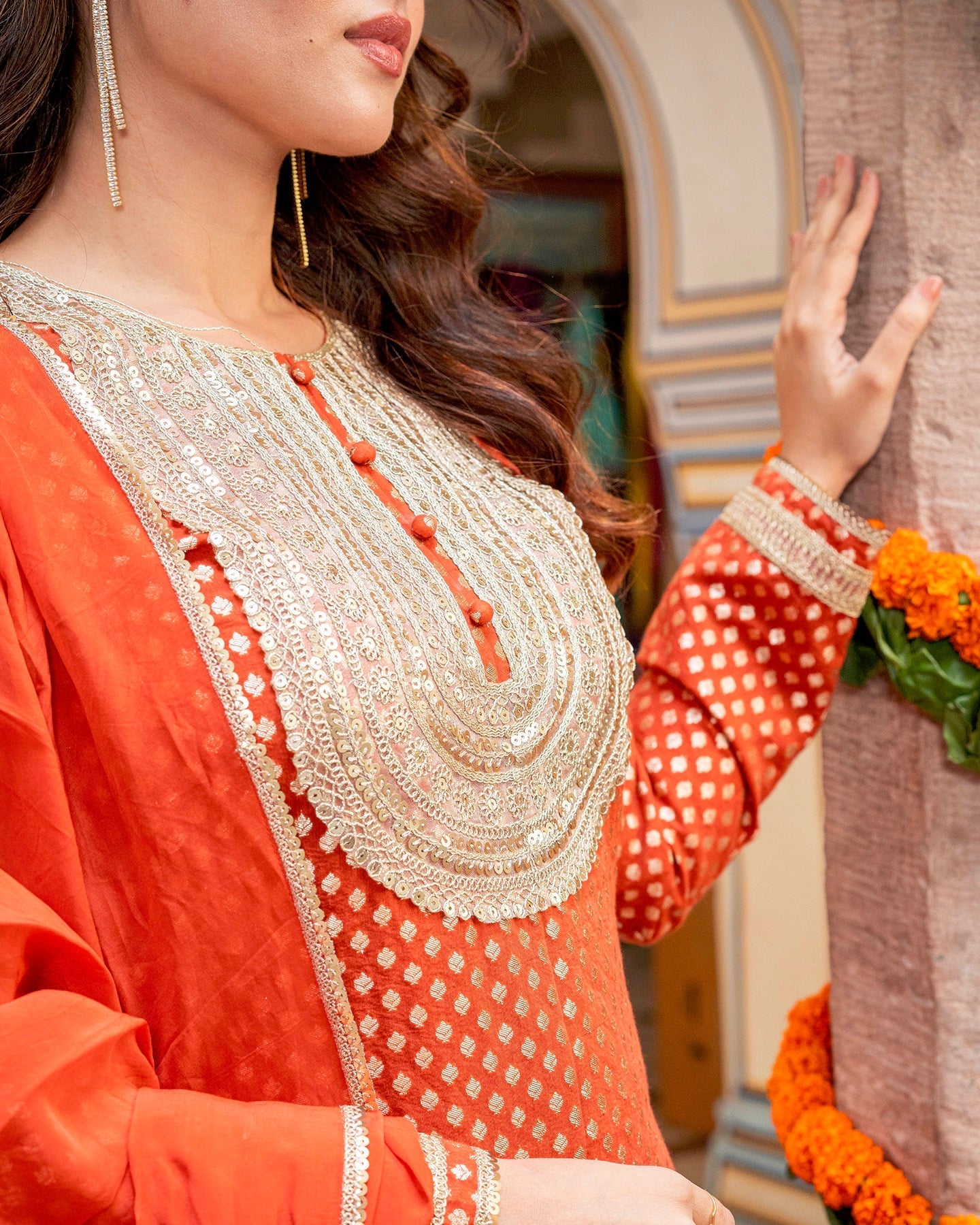 Rust Self Embroidered Sharara Set
