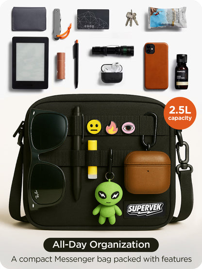 Supervek compact mini "Messenger" bag with sunglasses, keys, wallet, and essentials laid out, 2.5L capacity