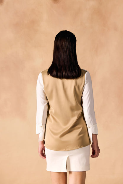 Two Tone Pintuck Pleated Button-up Satin Shirt