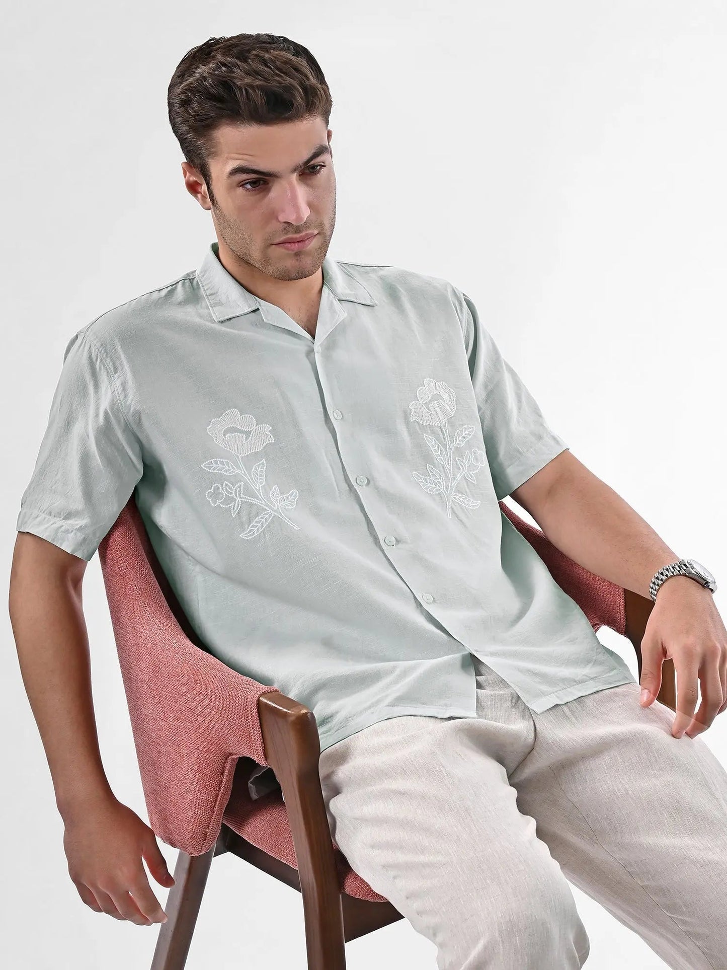 Men's Box-Fit Embroidered Linen Baby Blue Shirt Vellure