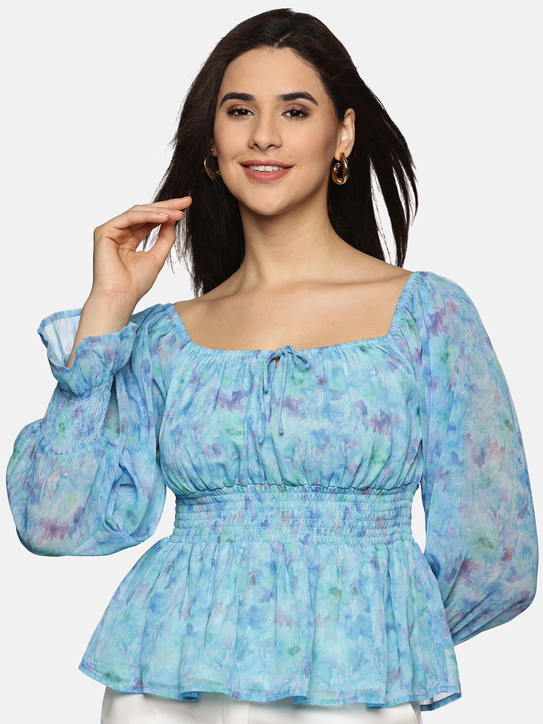 Buy Full Sleeve Peplum Top For Women In Blue