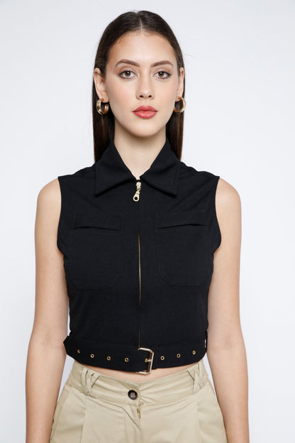 Gold Metal Zip Belted Crop Top -Black Beauty