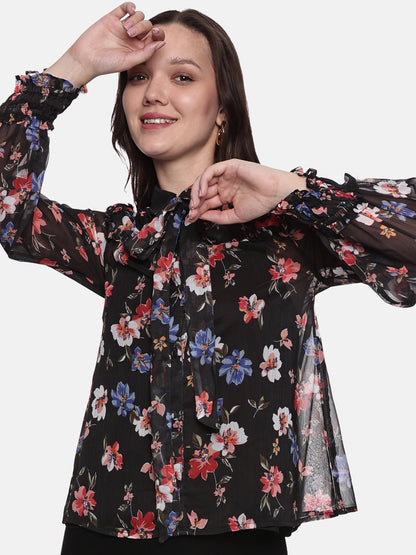 IS.U Floral Black Smocked Sleeve Top