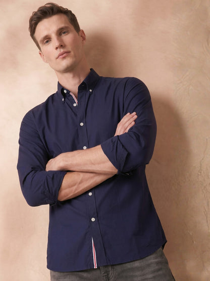 Regular Fit Navy Blue Cotton Solid Casual Shirt for Men (LOTUS)