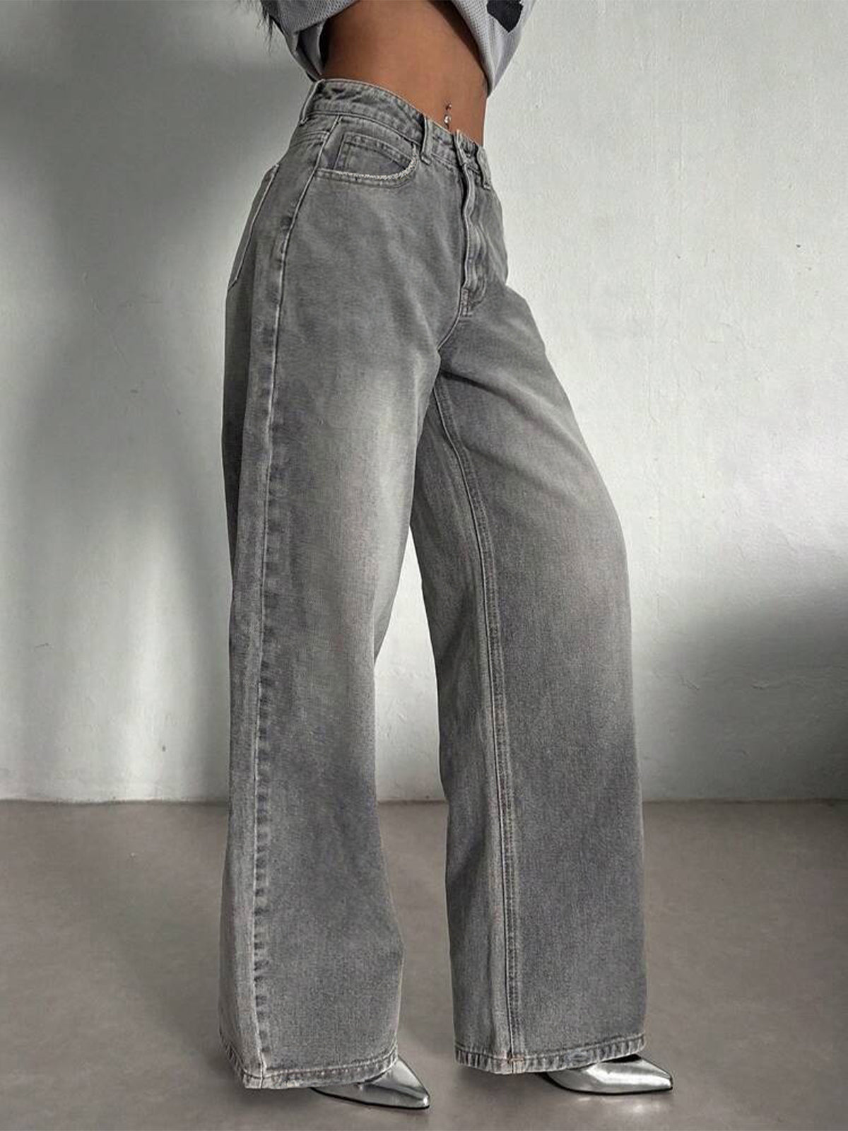 Comet Grey Washed Wide Leg Jeans