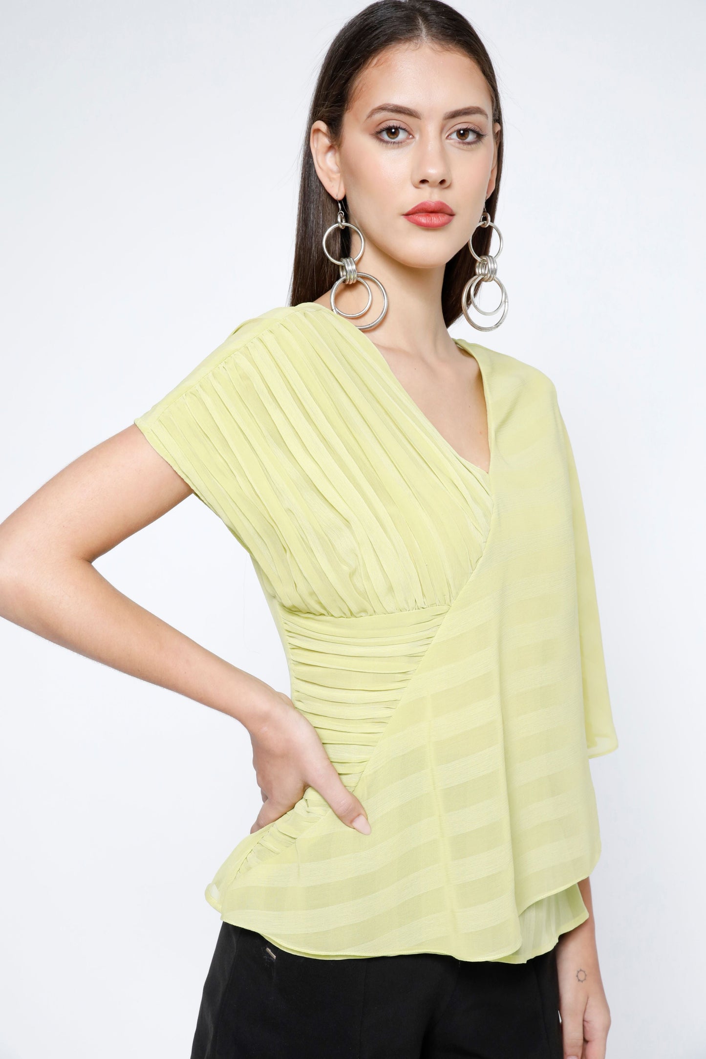 Pleated Stripe Chiffon Layered Top - Sunny Lime