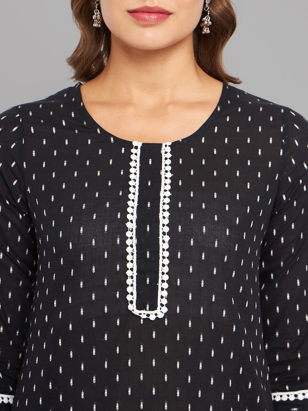 Women Black Woven Design Kurta With Lace Krya