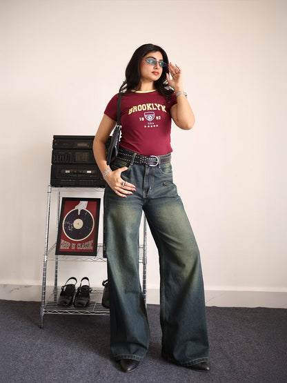 80s Grunge Streetwear Blue Tinted Wide Leg Jeans