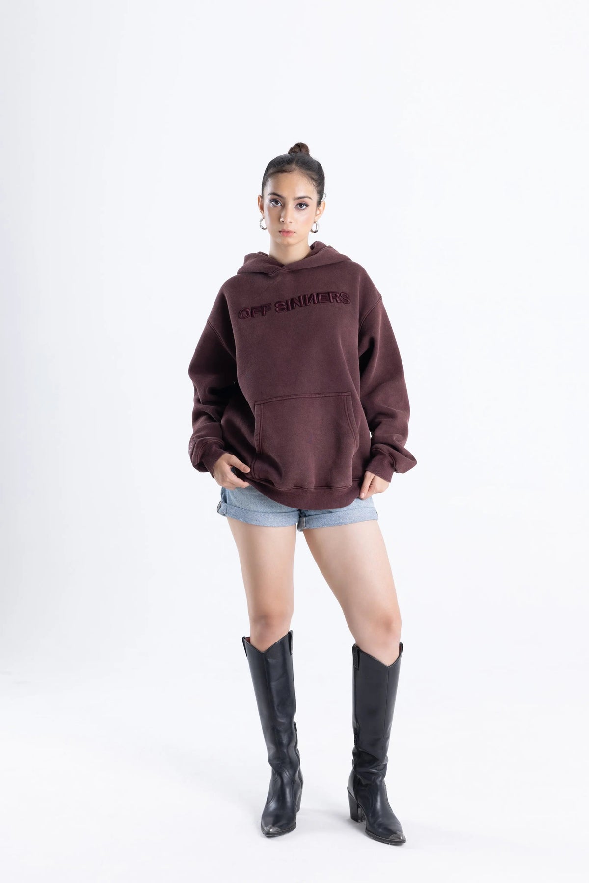 Acid Wash Raven Born Embroidered Brown Hoodie Off Sinners