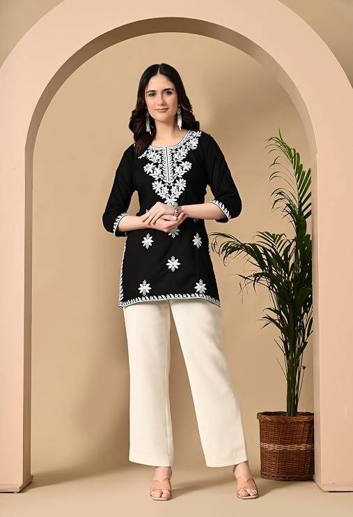 LIBOZA Women's Chikankari Embroidered Short Kurti, Rayon Fabric, Three-Quarter Sleeves, Available in Pink, Black, Mustard Yellow, White, Pista and Green