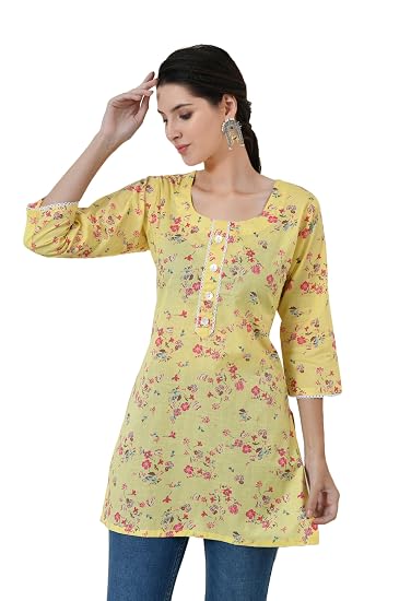 Pure Cotton Short Kurti for Women - Yellow