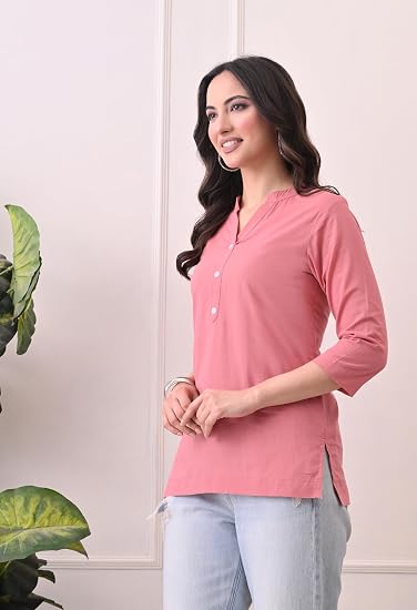 Women Cotton Short Kurta V-Neck with Button-Pink