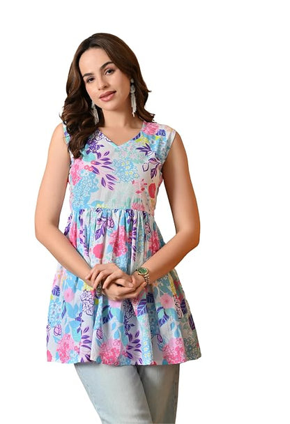 LIBOZA Peplum Cotton Tops for Woman, Stylish Sleeveless Short Kurti for Women on Jeans, Modern Design Top