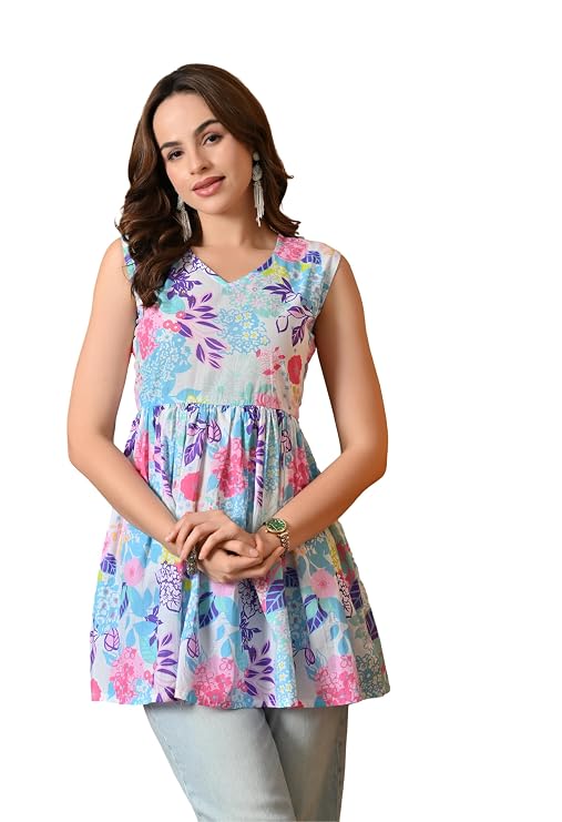 LIBOZA Peplum Cotton Tops for Woman, Stylish Sleeveless Short Kurti for Women on Jeans, Modern Design Top